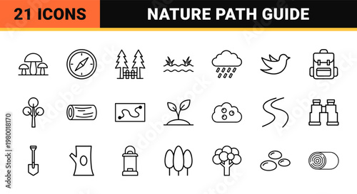 Nature and forest outline icon set with trees and environmental symbols.