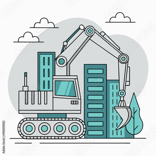 Construction excavator working on a building site with skyscrapers heavy equipment flat design civil engineering excavator construction building industry development machinery engineer