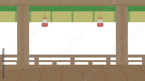 室内から外を見ている方向の寝殿造の背景イラスト_古い_16:9