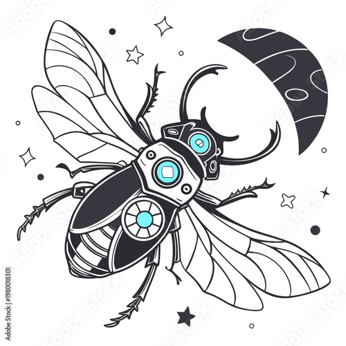 Steampunk mechanical beetle with crescent moon and stars illustration imagining a victorian science fiction insect image fuses vintage aesthetics with futuristic insect design sci fi white
