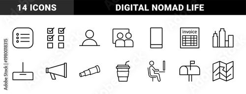 Minimalist freelancing and remote work line icons for digital nomads.