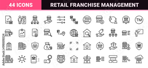 Minimalist franchise and retail chain business line icons set