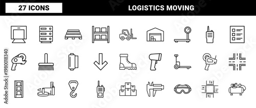 Logistics icon set featuring forklift trucks and warehouse tools