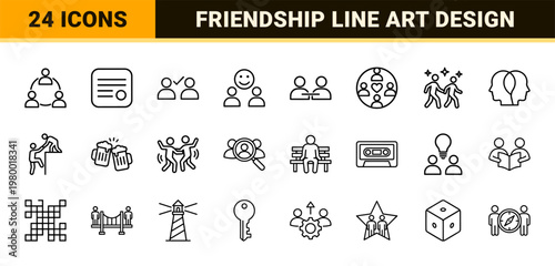 Minimalist friendship and social connection line icon set