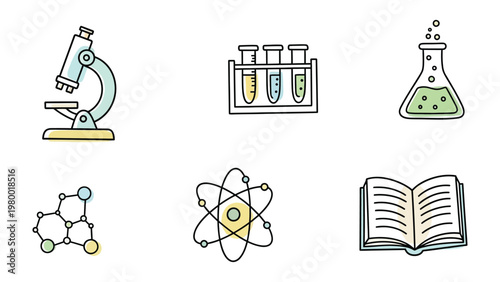 Science Icon Set: A vibrant collection of science-themed icons, featuring a microscope, test tubes, a beaker, molecular structures, an atom, and an open book.