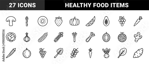Minimalist fruits and vegetables outline icons in grid layout