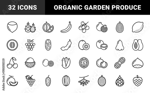 Minimalist organic fruit line icon set for grocery and nutrition designs.