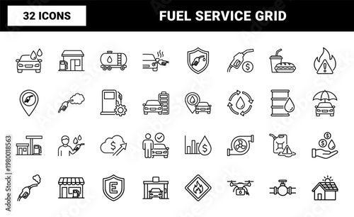 Gas station and fuel service outline icons on grid background