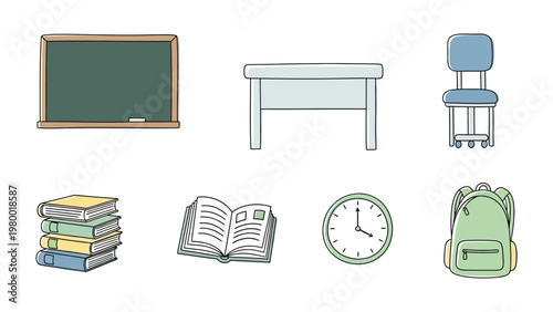 School Essentials: A collection of educational objects, meticulously arranged and designed, encompassing a chalkboard, desk, chair, books, an open book, a clock, and a backpack.