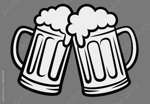 Two Frothy Beer Mugs Toasting Vector Illustration for Pub Bar Menu and Celebration Design