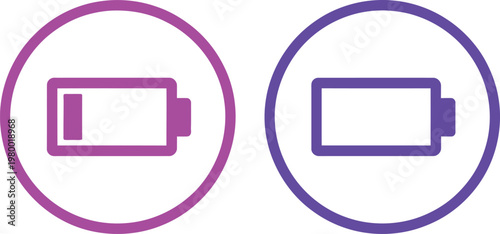 Two circular icons displaying battery life status with low and empty power levels for mobile interfaces