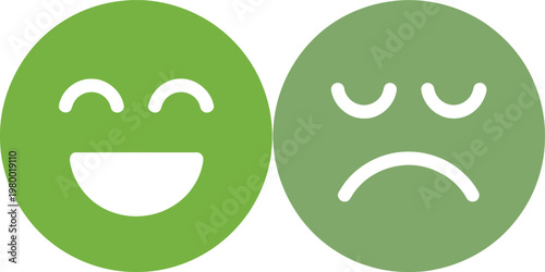 Two green circular icons displaying contrasting human emotions of joy and sorrow in a simple style