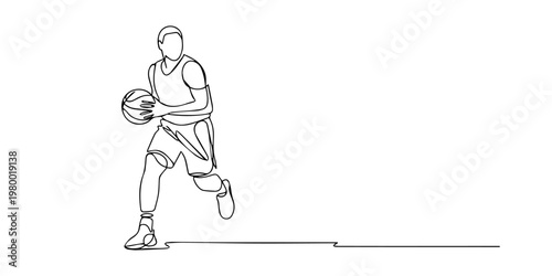 a basketball player in a dynamic pose Continuous one line drawing, Continuous line drawing of a basketball player dribbling a ball in athletic stance man sport, Minimalist basketball player line art.