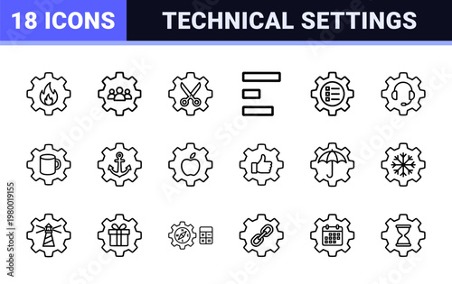 Minimalist technology gear and system settings line icon grid