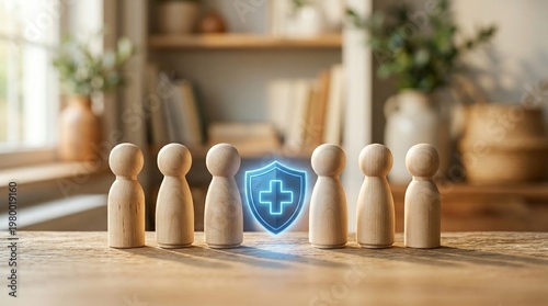 Healthcare Insurance Concept with Wooden Figures and Glowing Shield
