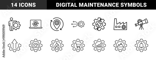 Industrial gear and system configuration line icon set for maintenance and engineering.