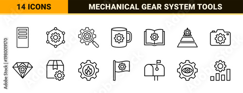 Technical maintenance and gear settings outline icon set