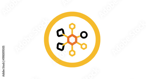 Yellow and black molecular structure symbol.