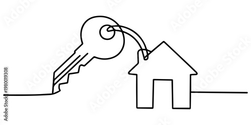 one line art drawing of a house with a key, Set of keys against white background, A keychain house, Minimalistic icon, Real Estate Line. pro vector single line concept. house key.