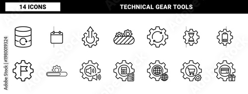 Technical system update and gear maintenance minimalist outline icon grid