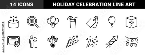 Celebration and gift delivery minimalist outline icon set for events