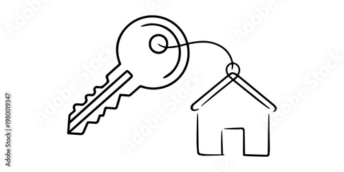 one line art drawing of a house with a key, Set of keys against white background, A keychain house, Minimalistic icon, Real Estate Line. pro vector single line concept. house key.