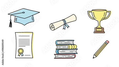 Education Icons Collection: A colorful collection of iconic symbols representing the different elements of higher learning and success, perfectly conveying the essence of education.