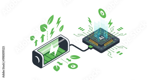 AI-Powered Sustainable Energy and Battery Management Concept: Artificial Intelligence Microchip Connected to Eco-Friendly Green Energy Storage Illustration
