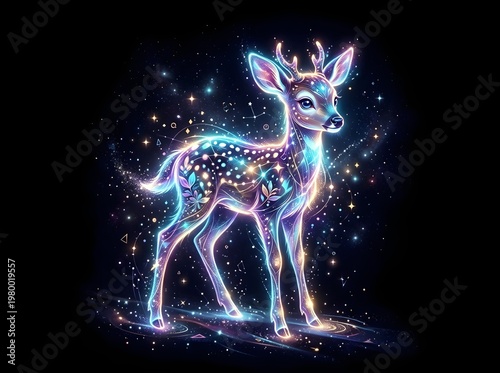 Glowing Holographic Fawn Illustration on Black Background