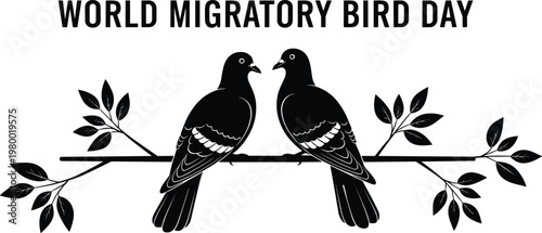 Black and White Vector Illustration of Two Birds on a Branch with "World Migratory Bird Day" Text for Environmental Awareness Designs