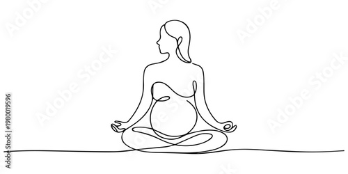 pregnant woman in lotus position, Continuous one line drawing of Pregnant woman sitting in lotus position. Continuous line drawing of pregnancy, motherhood, fitness, preparation for childbirth, yoga.