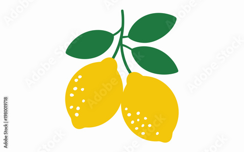 Bild auf Leinwand Bright yellow lemons with green leaves a white background, simple flat
