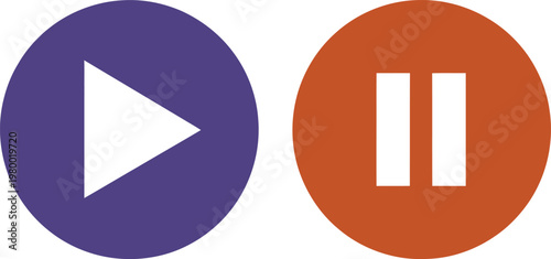Purple play button and orange pause button icons for multimedia interface controls and digital streaming applications