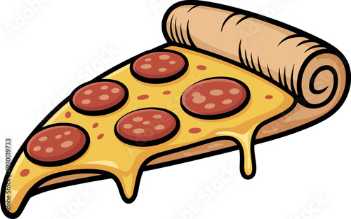Cheesy pepperoni pizza slice with dripping cheese, cartoon style food