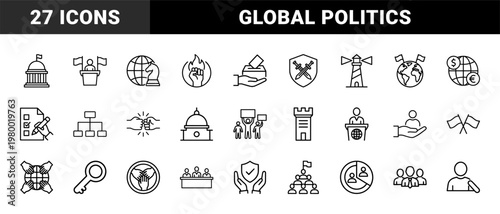 International politics and government line icons for global diplomacy