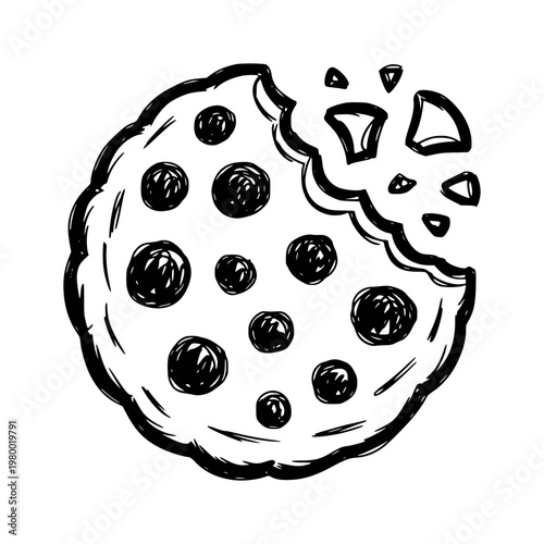 Hand drawn chocolate chip cookie with a bite taken out, isolated white