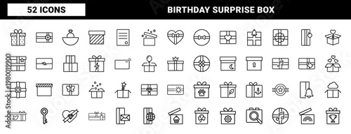 Minimalist gift box and celebration line icon set