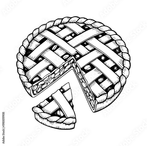 Hand-drawn of a delicious apple pie with a lattice crust and a slice removed, a white background