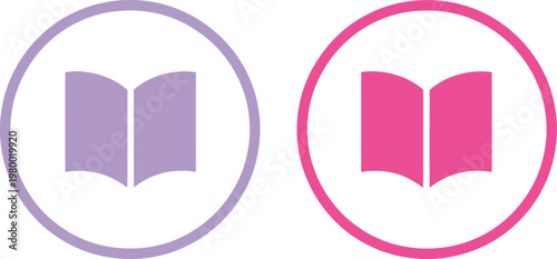 Two circular icons featuring open book symbols in vibrant shades of lavender and bright pink color