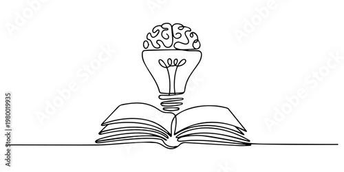 One single line drawing of shining light bulb with human brain above open text book logo identity, One single line drawing of light bulb with human brain above open text book logo identity. continuous