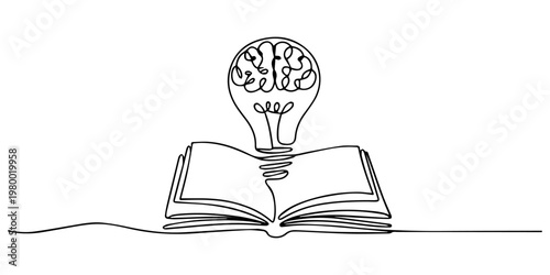 One single line drawing of shining light bulb with human brain above open text book logo identity, One single line drawing of light bulb with human brain above open text book logo identity. continuous