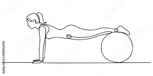Woman working out using fitness ball continuous one line drawing. Young lady exercises pilates using gym ball in single line art illustration, one line Art icon drawing, creating a dynamic and health.