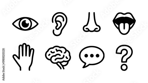 Set of human senses and brain vision, hearing, smell, taste, touch, thought, communication, question