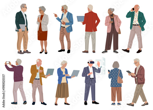 Cartoon style elderly people in casual attire. Each figure holds a device or accessory. They show various gestures, like talking, reading, or walking. Vector illustration on transparent background