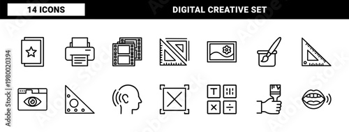 Black outline icon set for graphic design including tools palette devices. Strict limit: 100 chars.