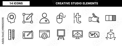 Minimalist graphic design and creative studio line icons on grid.