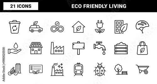 Eco friendly city and sustainable energy minimalist outline icons