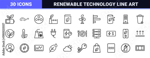 Green energy and eco technology minimalist outline icon set