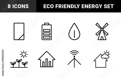 Sustainable eco house and green energy minimalist outline icon set