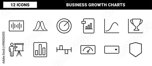 Business data analytics and financial growth line icons